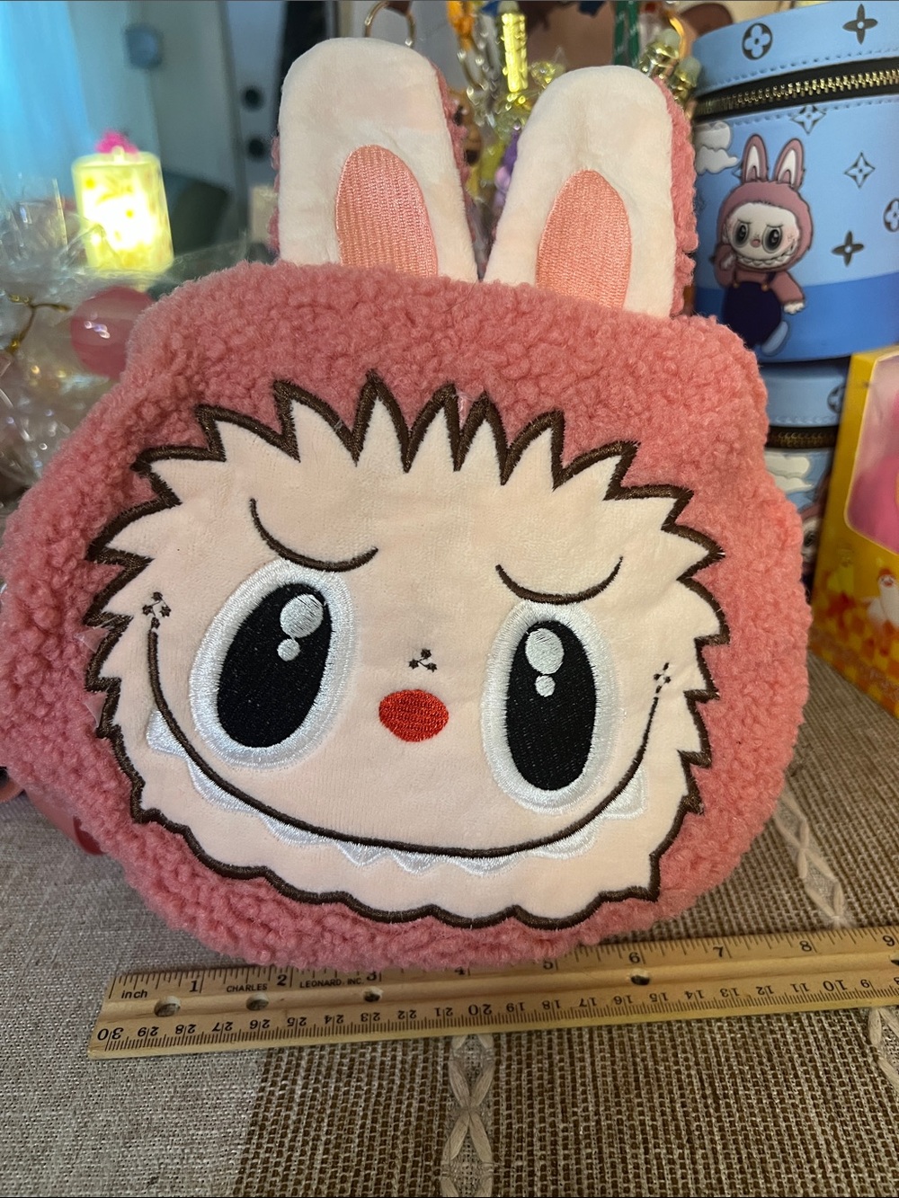 Dark pink, fuzzy, monster, zipper bag
